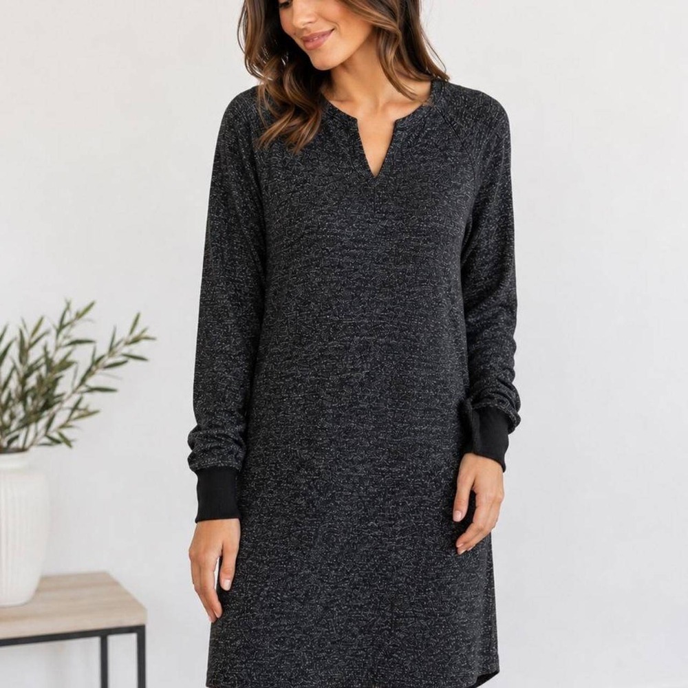 Cabi The PJ Dress 3829 Black Heathered Knit Sweater Dress Ruched Lower Sleeves M